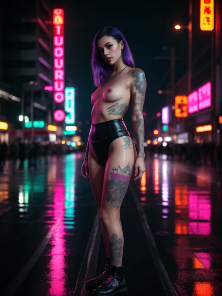 Naked girl with tattoo in neon night