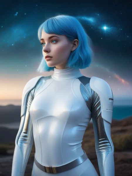 Space girl by the misty sea