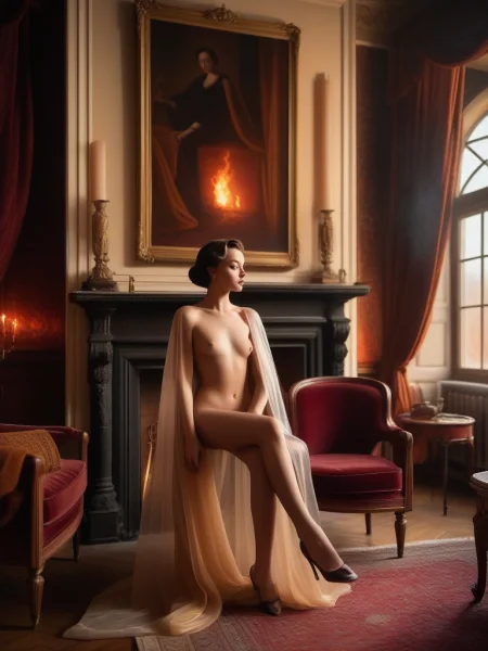 Retro girl by the fireplace in a translucent cape